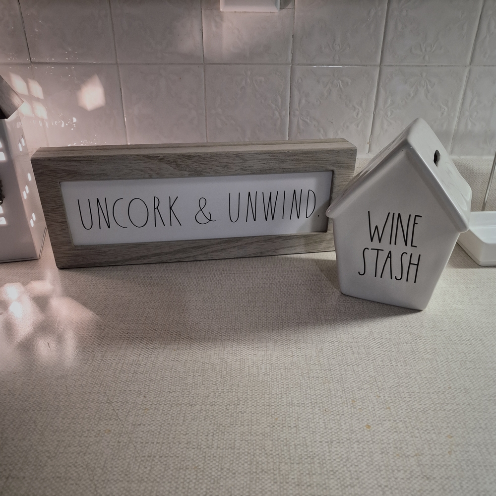 Rae Dunn Uncork & Unwind Wine Stash Set - White and Natural Wood Finish